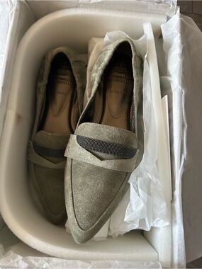 Brunello Cucinelli Women's Suede Pointed Loafers in Olive